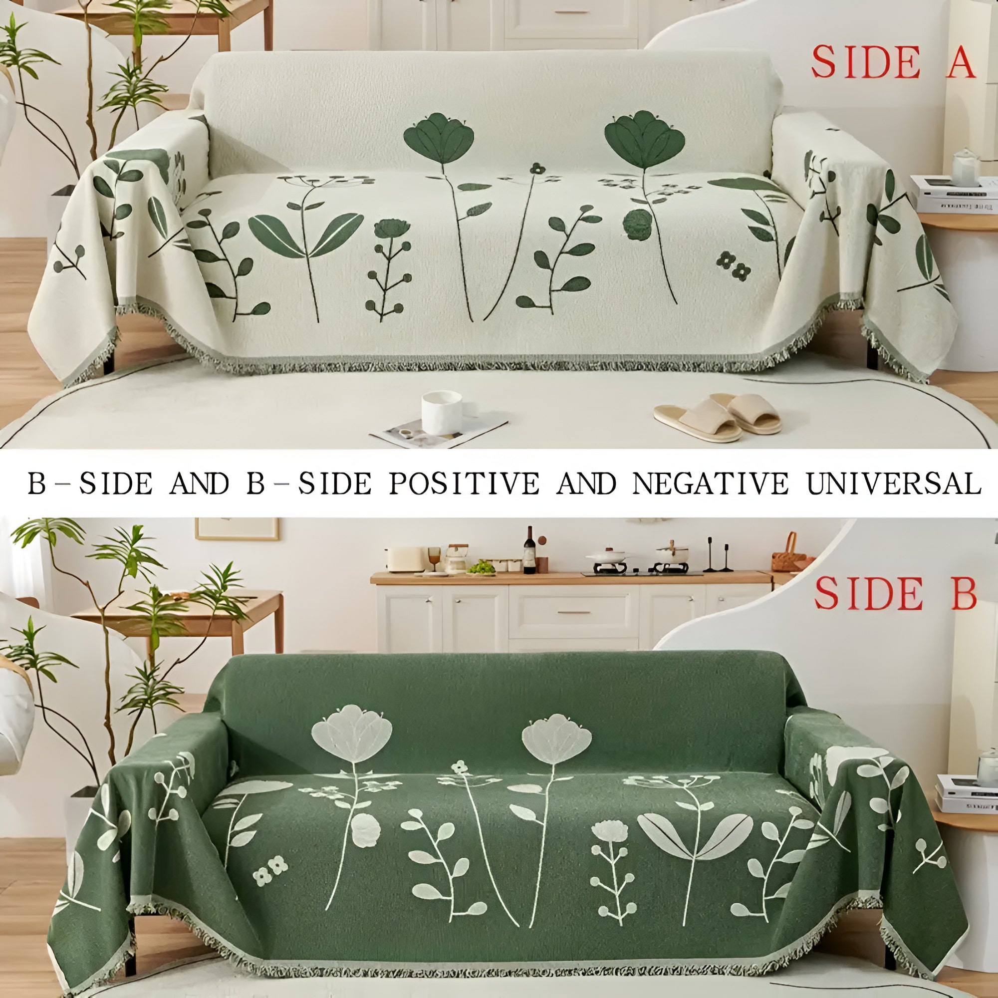 Vendbart sofabetræk med blomstermønster på en lys sofa