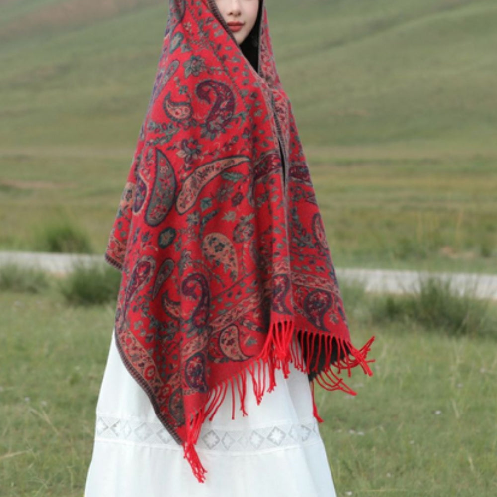 Dobbeltsidet vinterponcho med paisley-mønster til kvinder