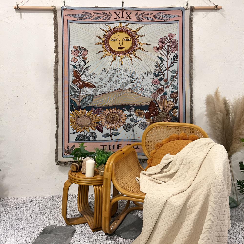 Boho vægtæppe med solen fra tarotkort i jacquardvævning