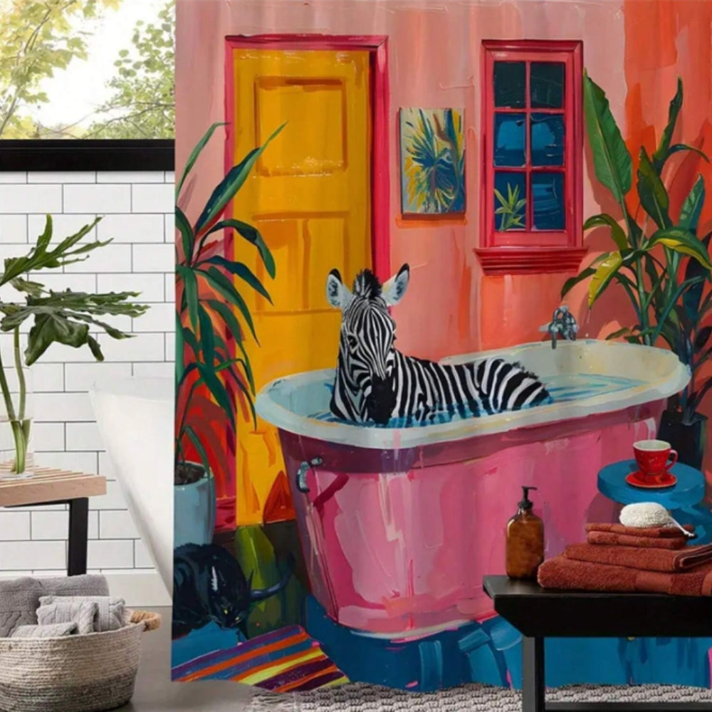 Bruseforhæng med zebra i lyserødt badekar og grønne planter