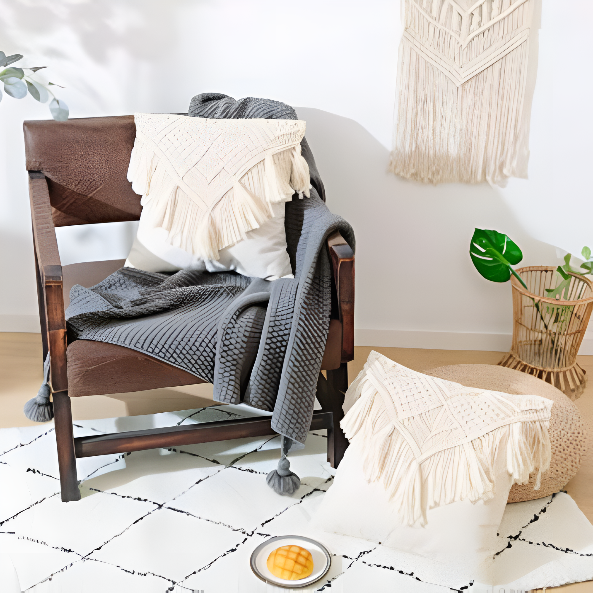 Vintage pudebetræk i jute med makramé og kvaster på en sofa