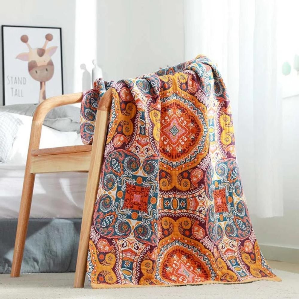 Stort badehåndklæde i bomuld med farverigt vintage boho-mønster