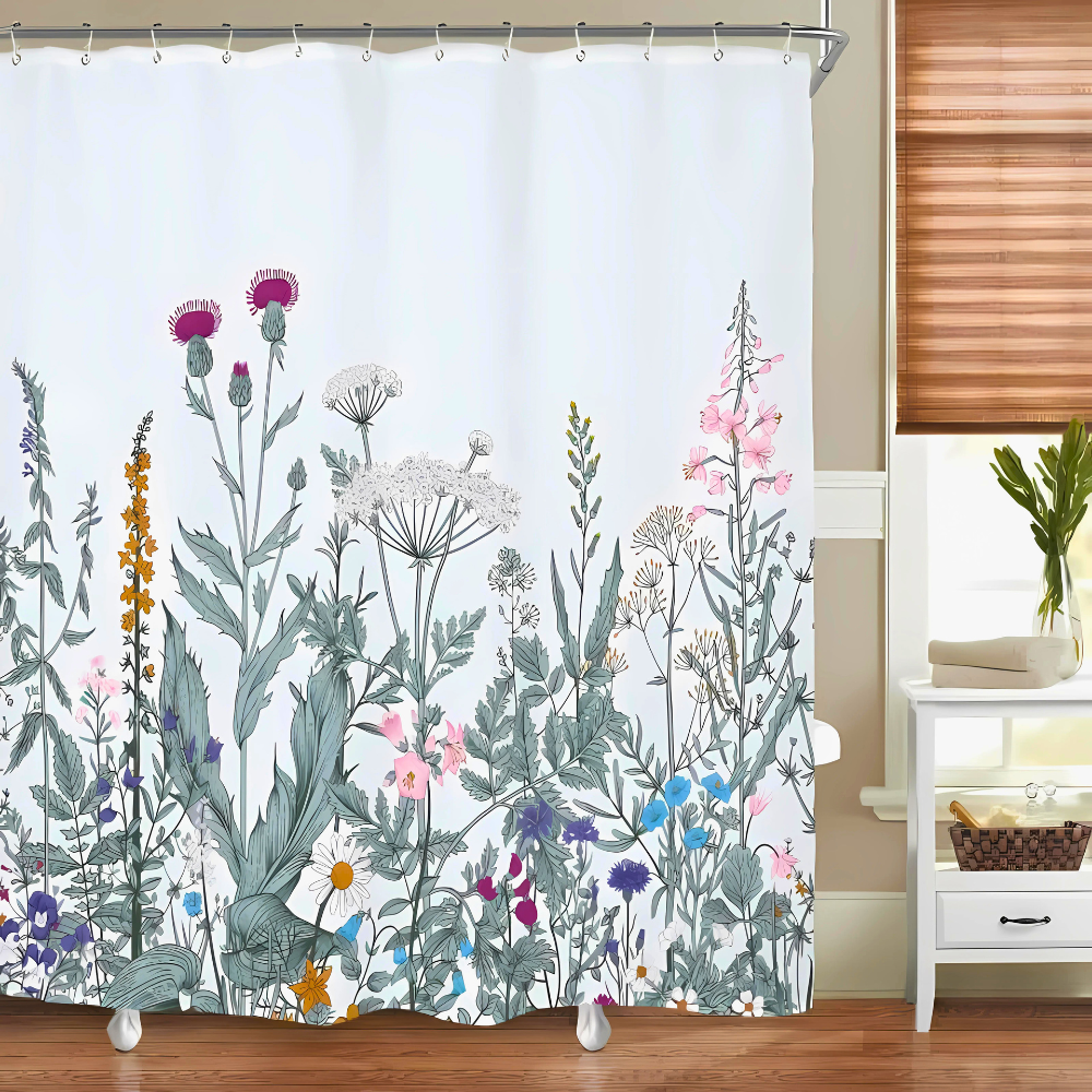 Vandtæt bruseforhæng med planter i pastoral stil på lyst badeværelse