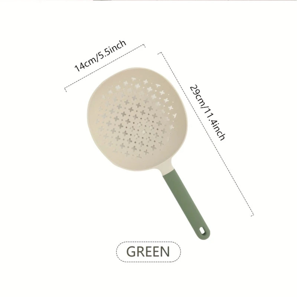 Hulske i varmebestandig sort plast med langt skaft og hul til ophæng