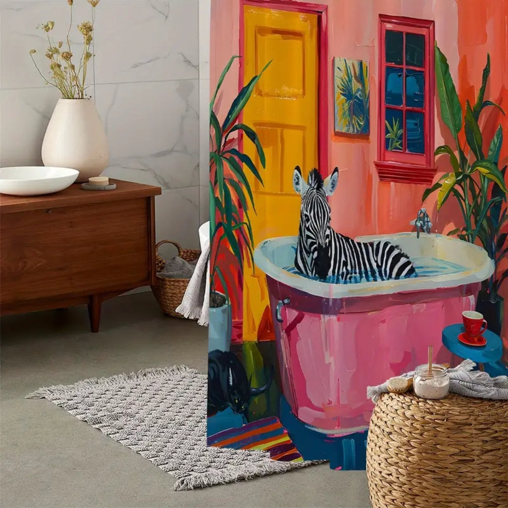 Bruseforhæng med zebra i lyserødt badekar og grønne planter