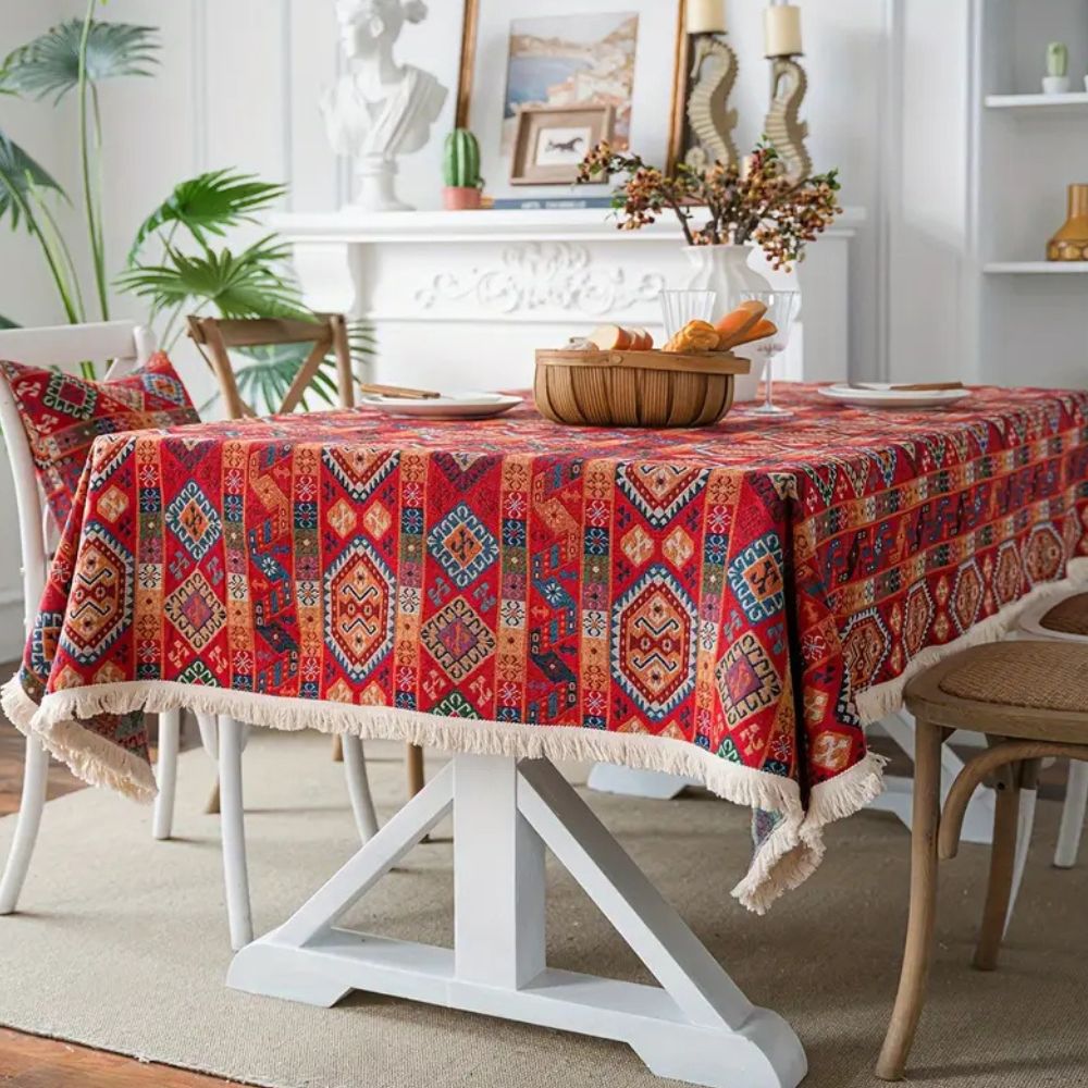 Boho-dug i jacquard med varme farver og hvide frynser