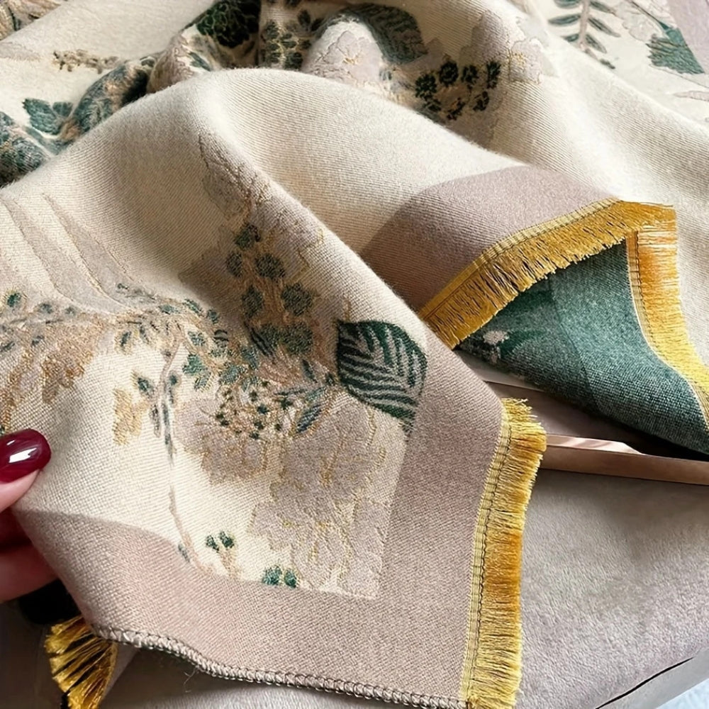 Blomstret dobbeltsidet jacquard tørklæde med frynser i kanten