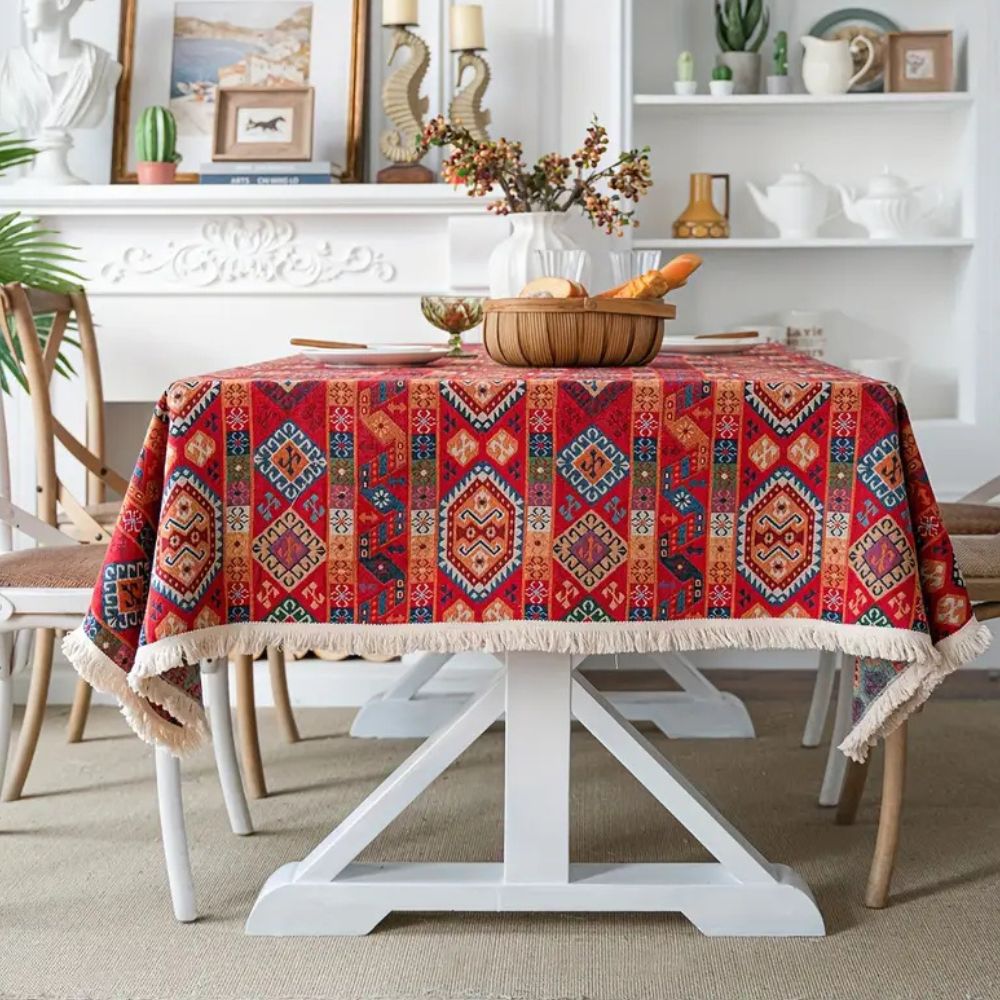 Boho-dug i jacquard med varme farver og hvide frynser