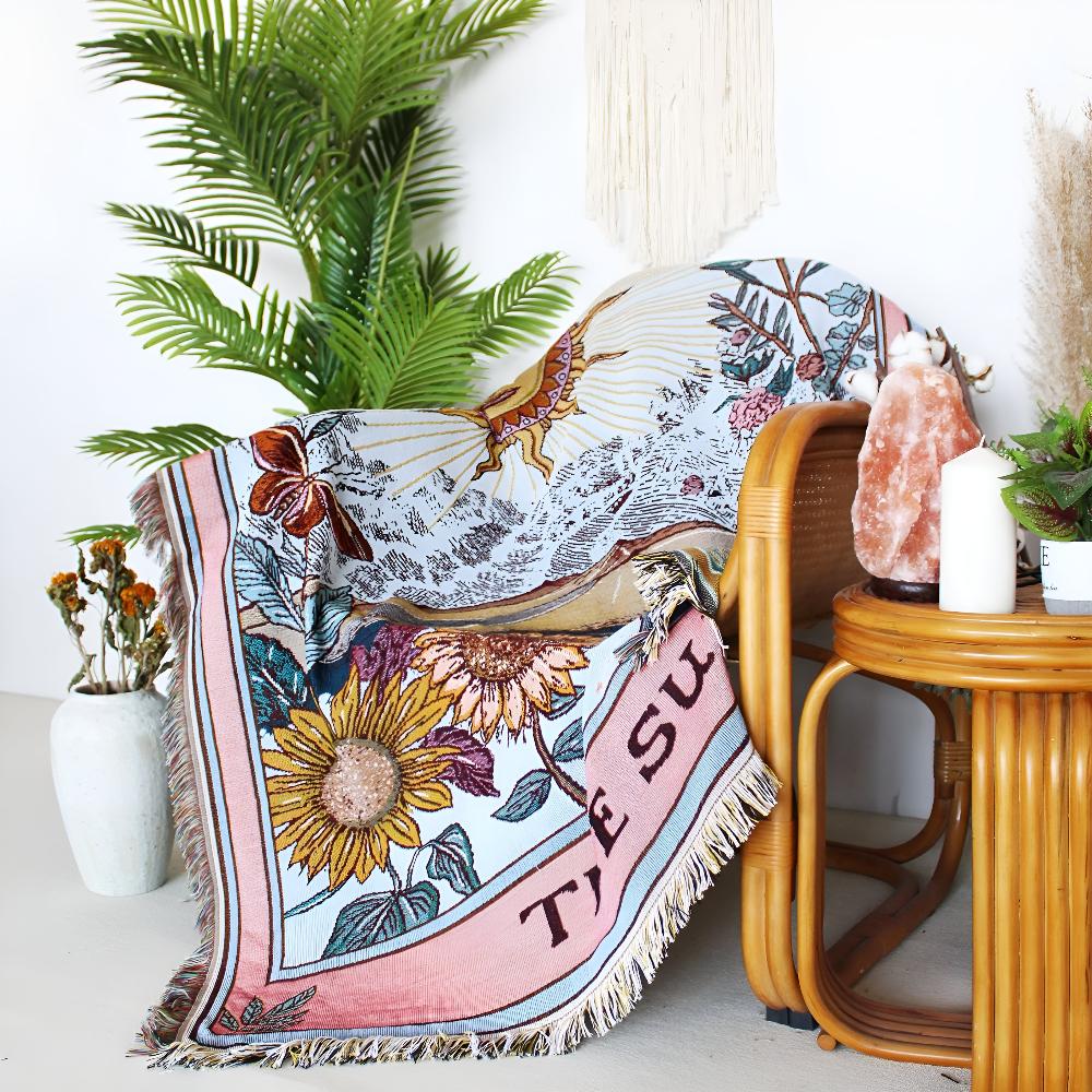 Boho vægtæppe med solen fra tarotkort i jacquardvævning