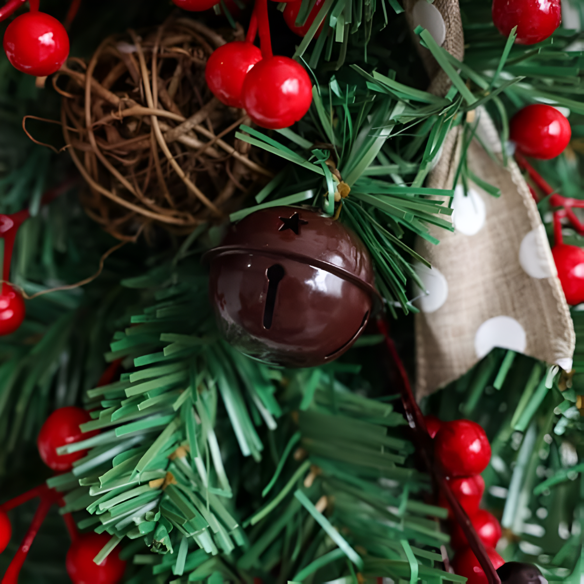 Julekrans med klokke hængt op på hoveddør til jul