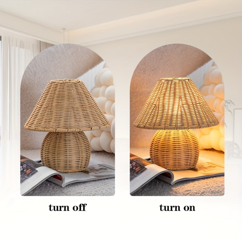 Håndvævet rattan bordlampe, der giver varmt lys i stuen