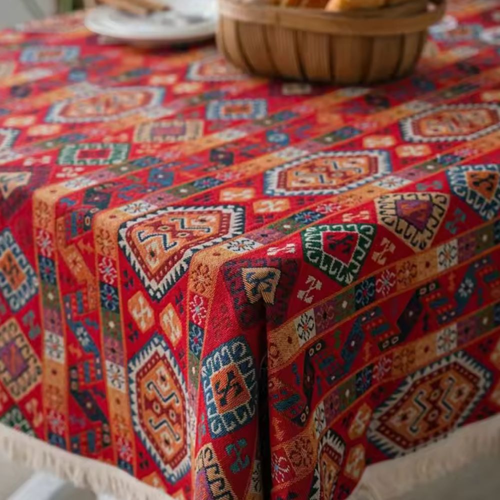 Boho-dug i jacquard med varme farver og hvide frynser