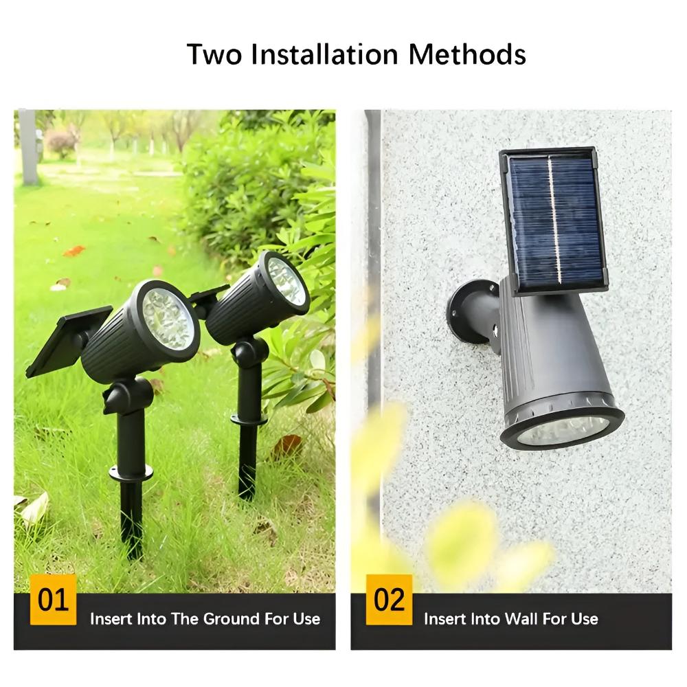 Solcellelampe med 9 LED lyser op i en have om aftenen