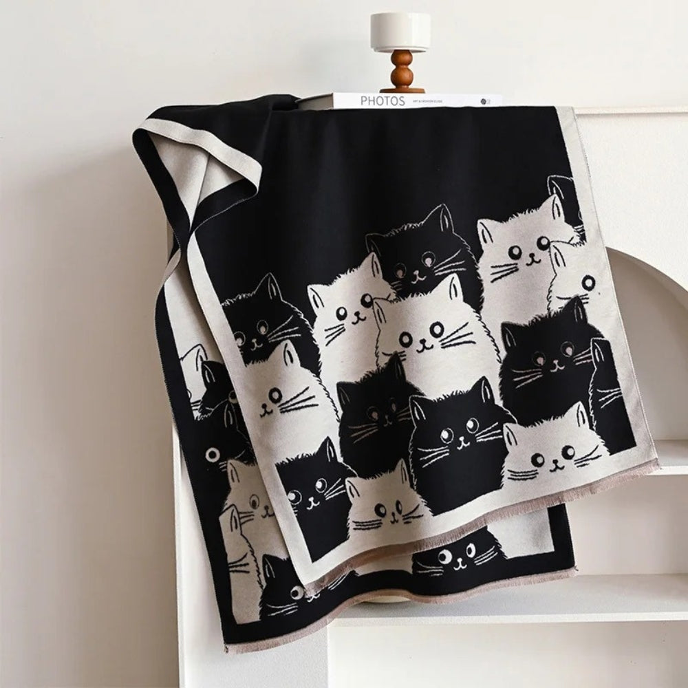 Vintertørklæde med kattemotiv i jacquard og blød mikrofiber