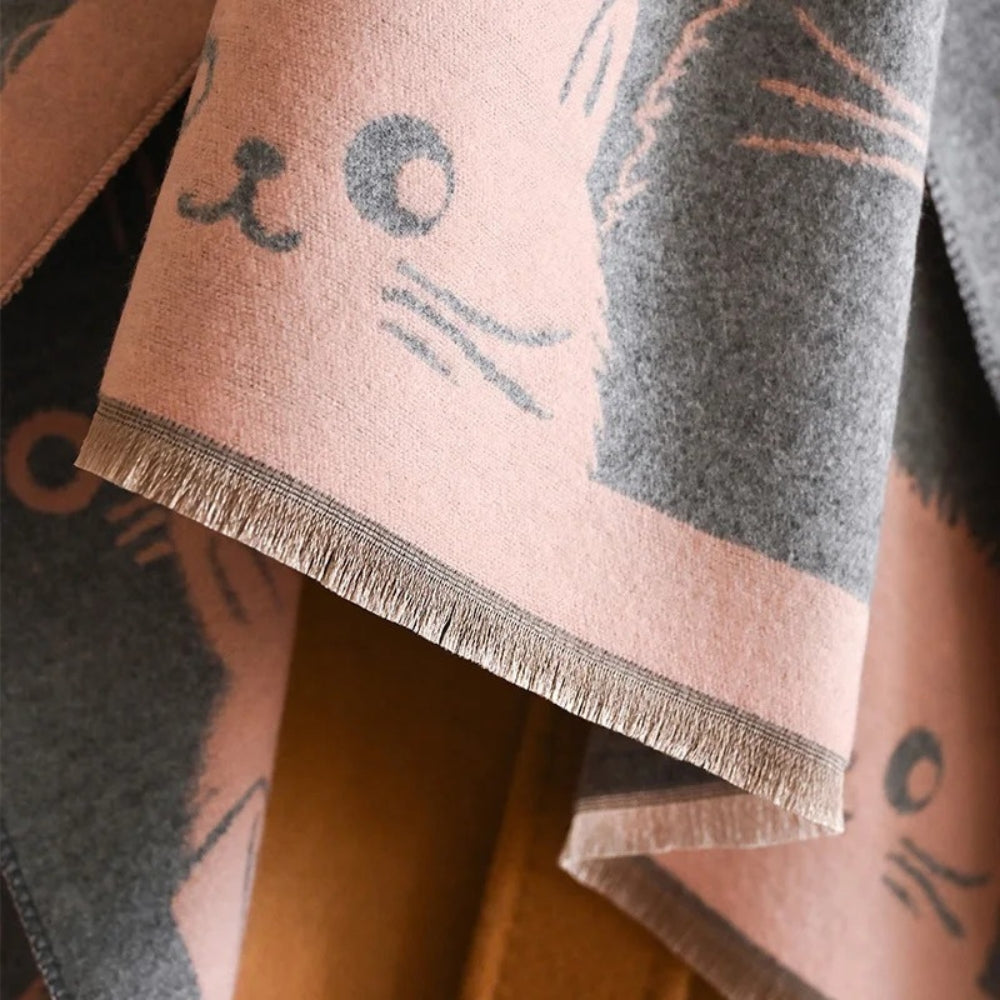 Vintertørklæde med kattemotiv i jacquard og blød mikrofiber