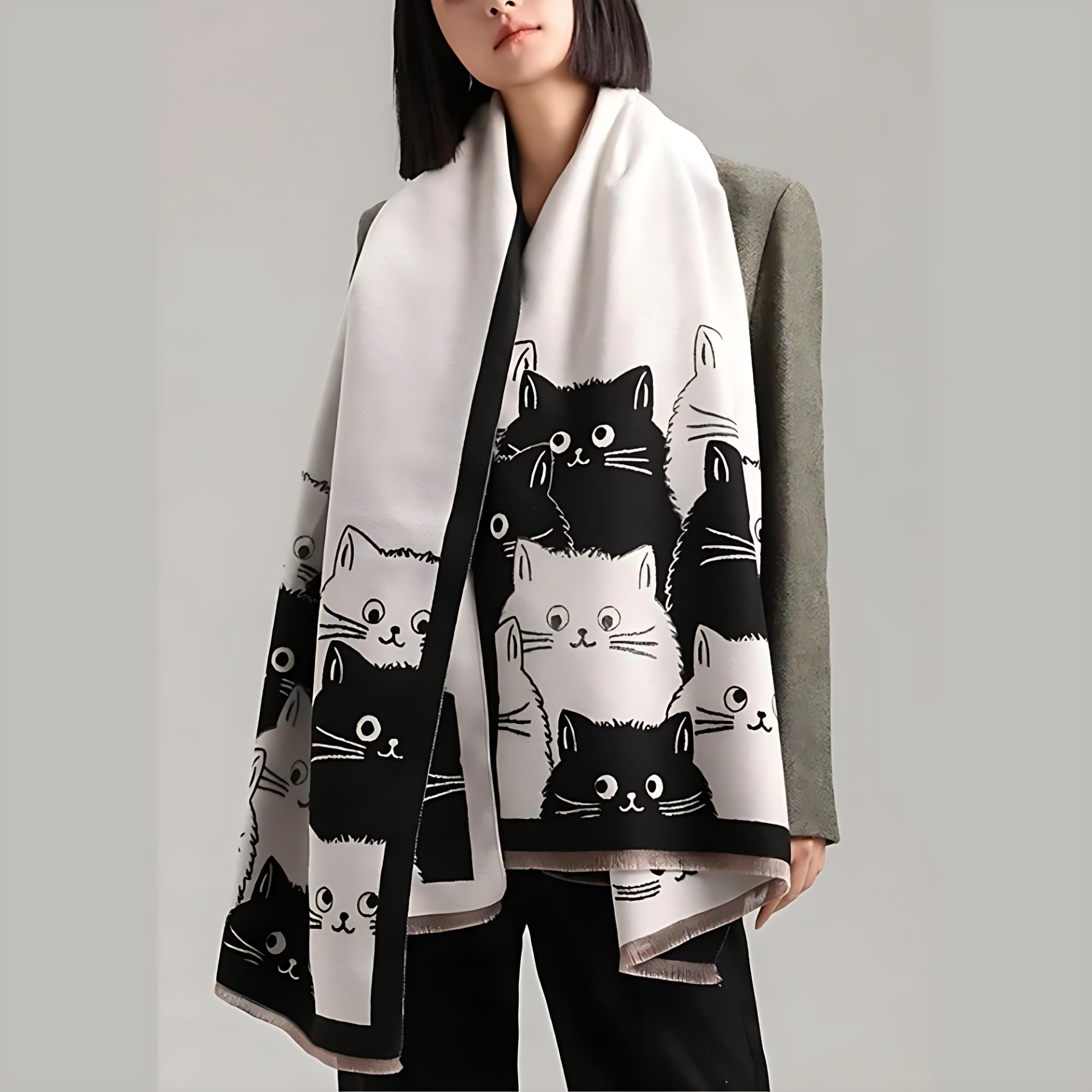 Vintertørklæde med kattemotiv i jacquard og blød mikrofiber