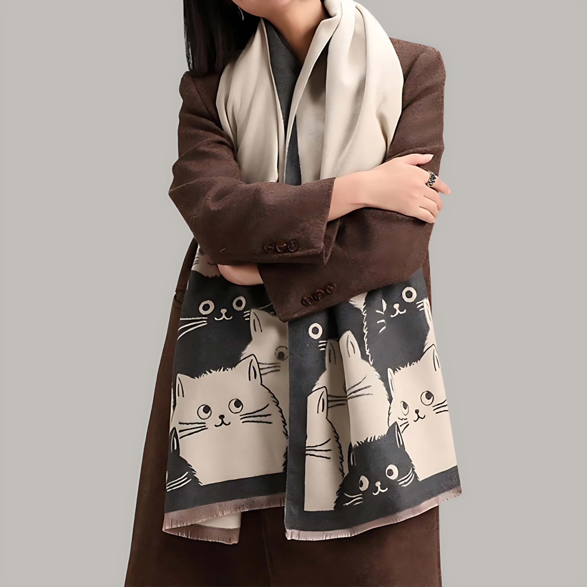 Vintertørklæde med kattemotiv i jacquard og blød mikrofiber