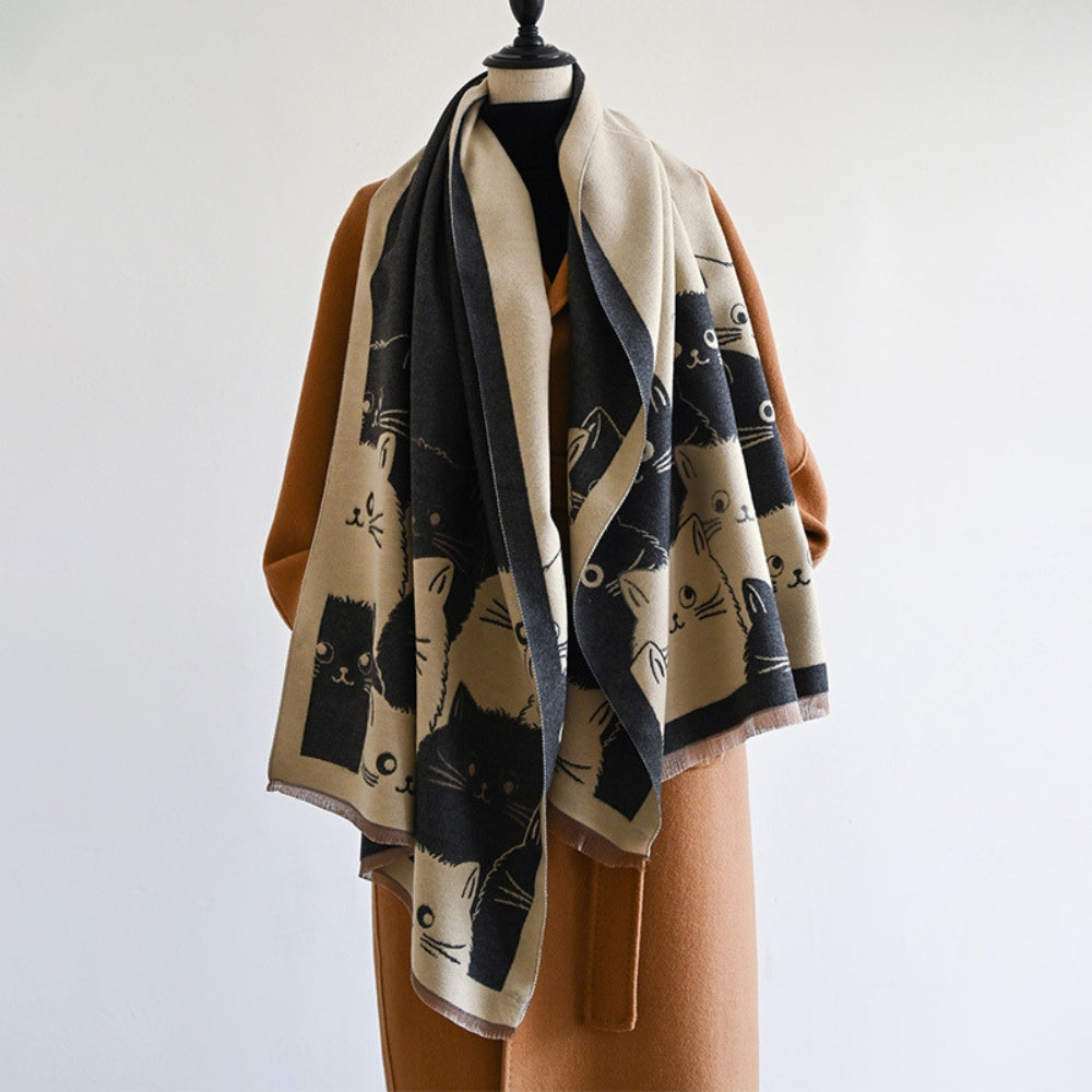 Vintertørklæde med kattemotiv i jacquard og blød mikrofiber