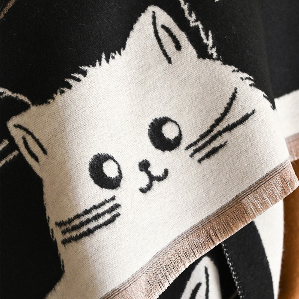 Vintertørklæde med kattemotiv i jacquard og blød mikrofiber