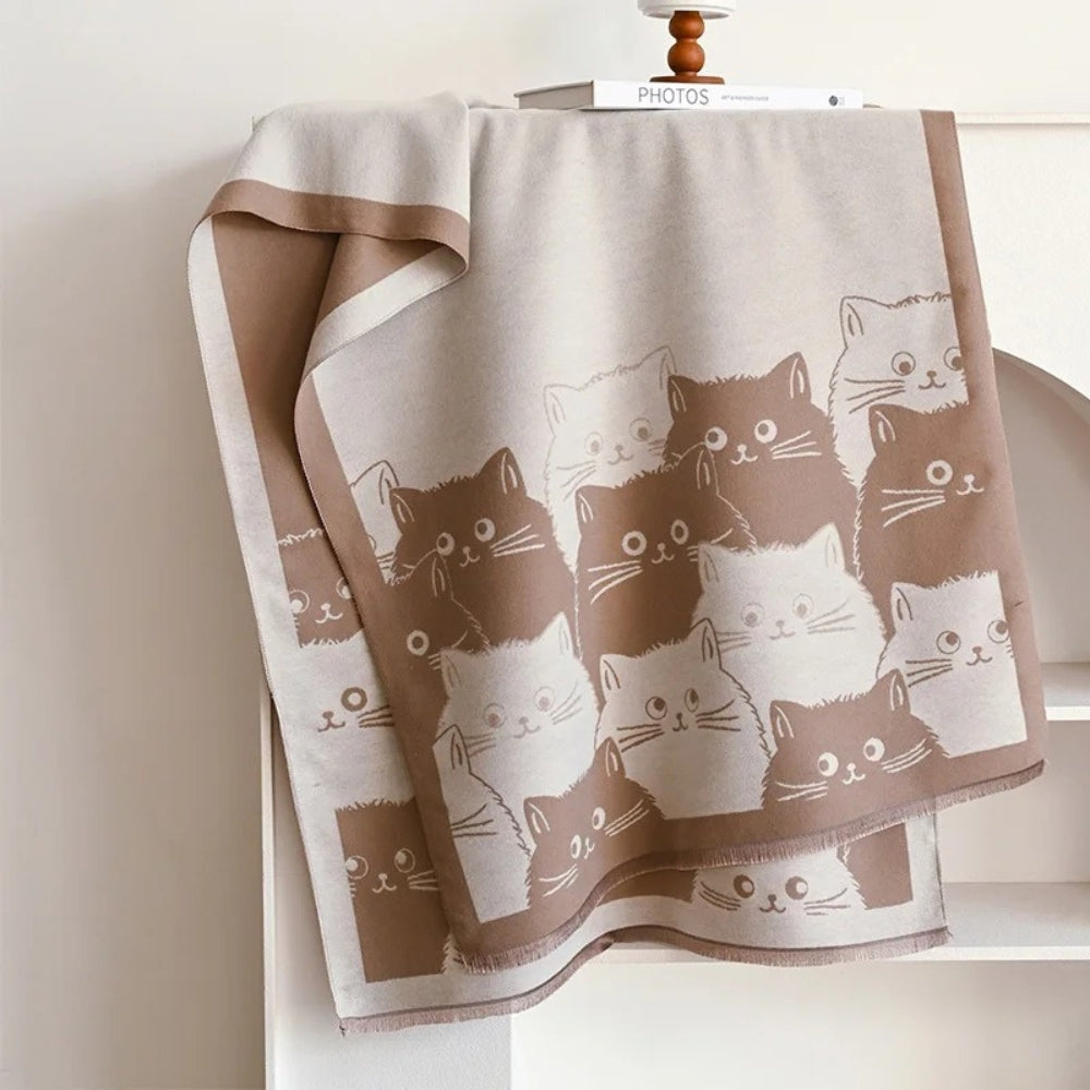 Vintertørklæde med kattemotiv i jacquard og blød mikrofiber