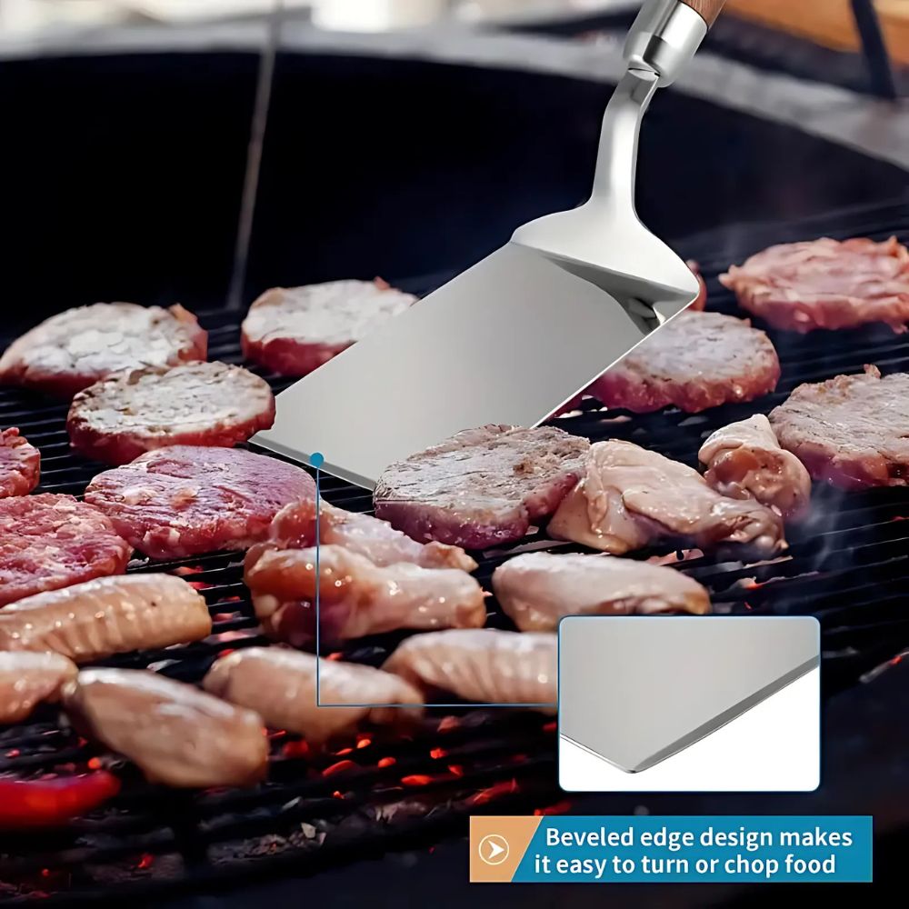Stegespade i rustfrit stål med træhåndtag til køkken og grill