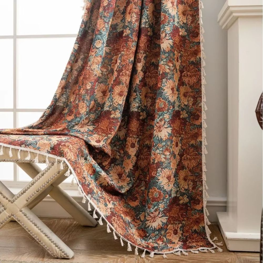 FloraLoom | Gardiner Vintage - Blomstret Vaskbar Med Kvaster