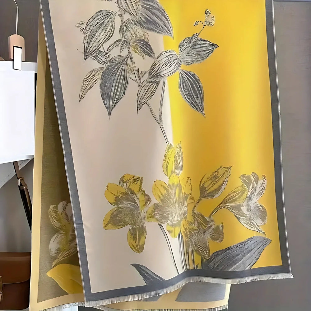 Vævet damesjal med blomstermotiv i blød og tyk kvalitet