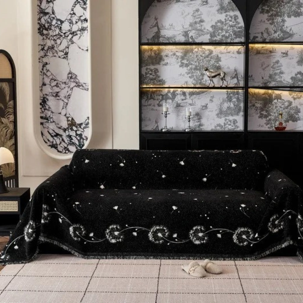 Sofabetræk med mælkebøtteprint i Japandi-stil på sofa