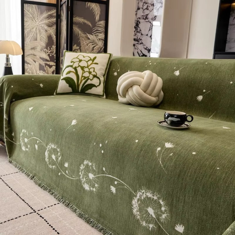 Sofabetræk med mælkebøtteprint i Japandi-stil på sofa