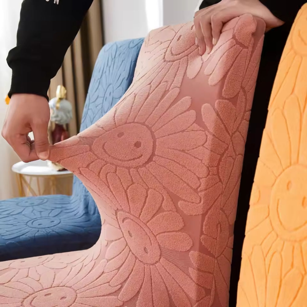 Elastisk stolebetræk med smiley-blomster på spisebordsstol