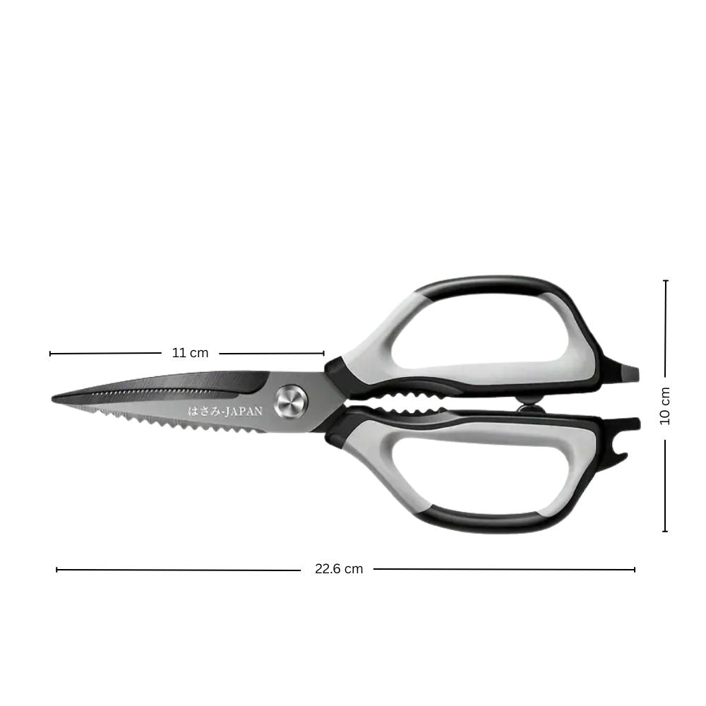 Køkkensaks i rustfrit stål med ergonomisk håndtag og flaskeåbner