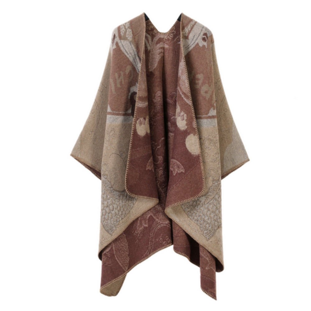Vendbar oversize poncho i kunstig kashmir med fiskeskælsmønster