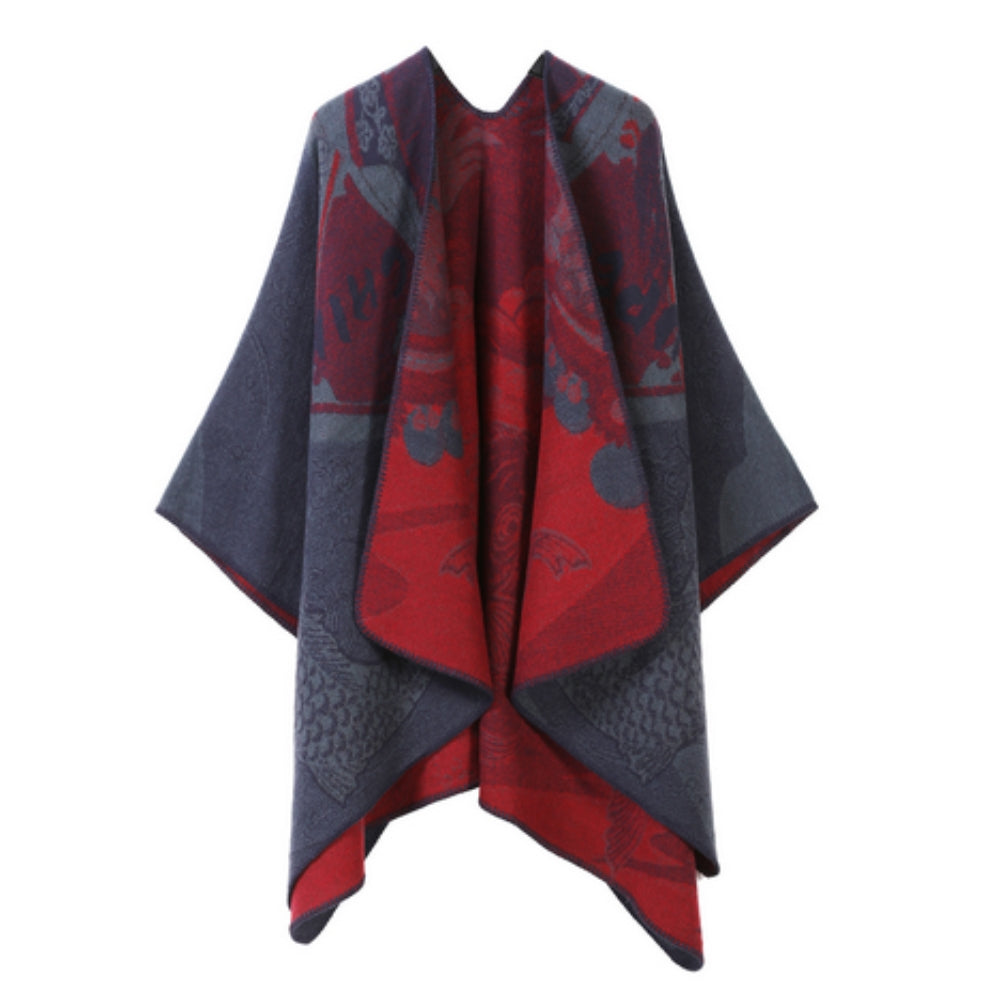 Vendbar oversize poncho i kunstig kashmir med fiskeskælsmønster