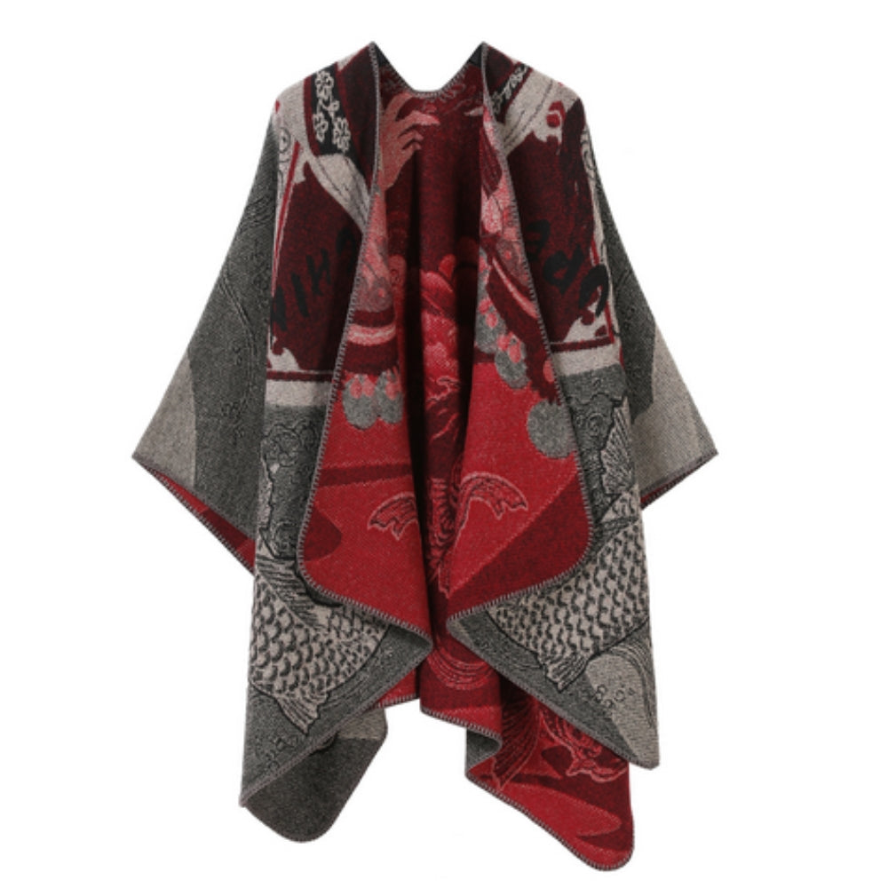 Vendbar oversize poncho i kunstig kashmir med fiskeskælsmønster