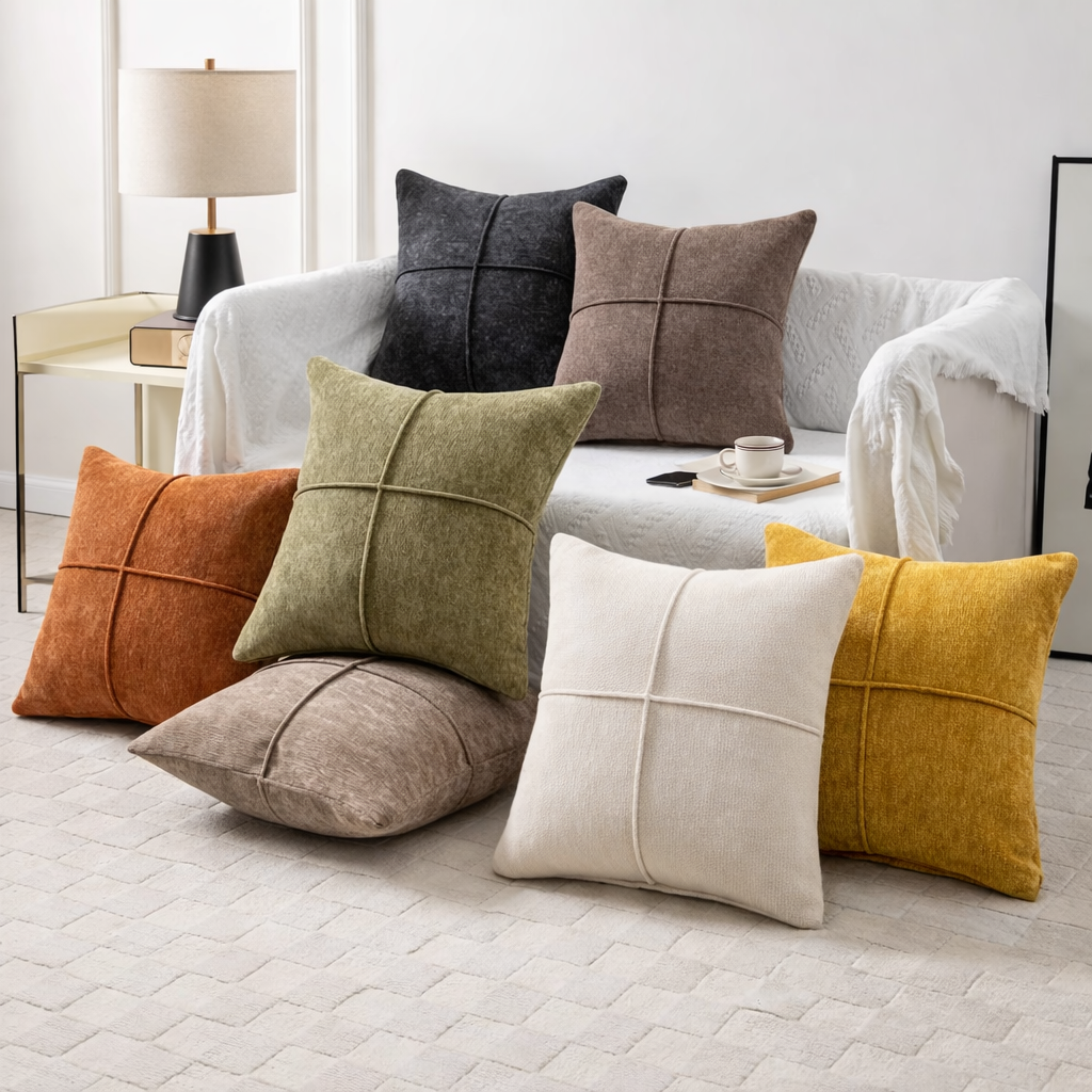Neutralt pudebetræk med syning i mikrofiber på sofa