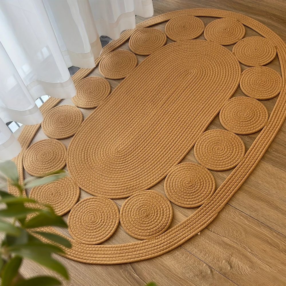 Ovalt boho-tæppe med spiralmønster i neutrale farver på gulvet