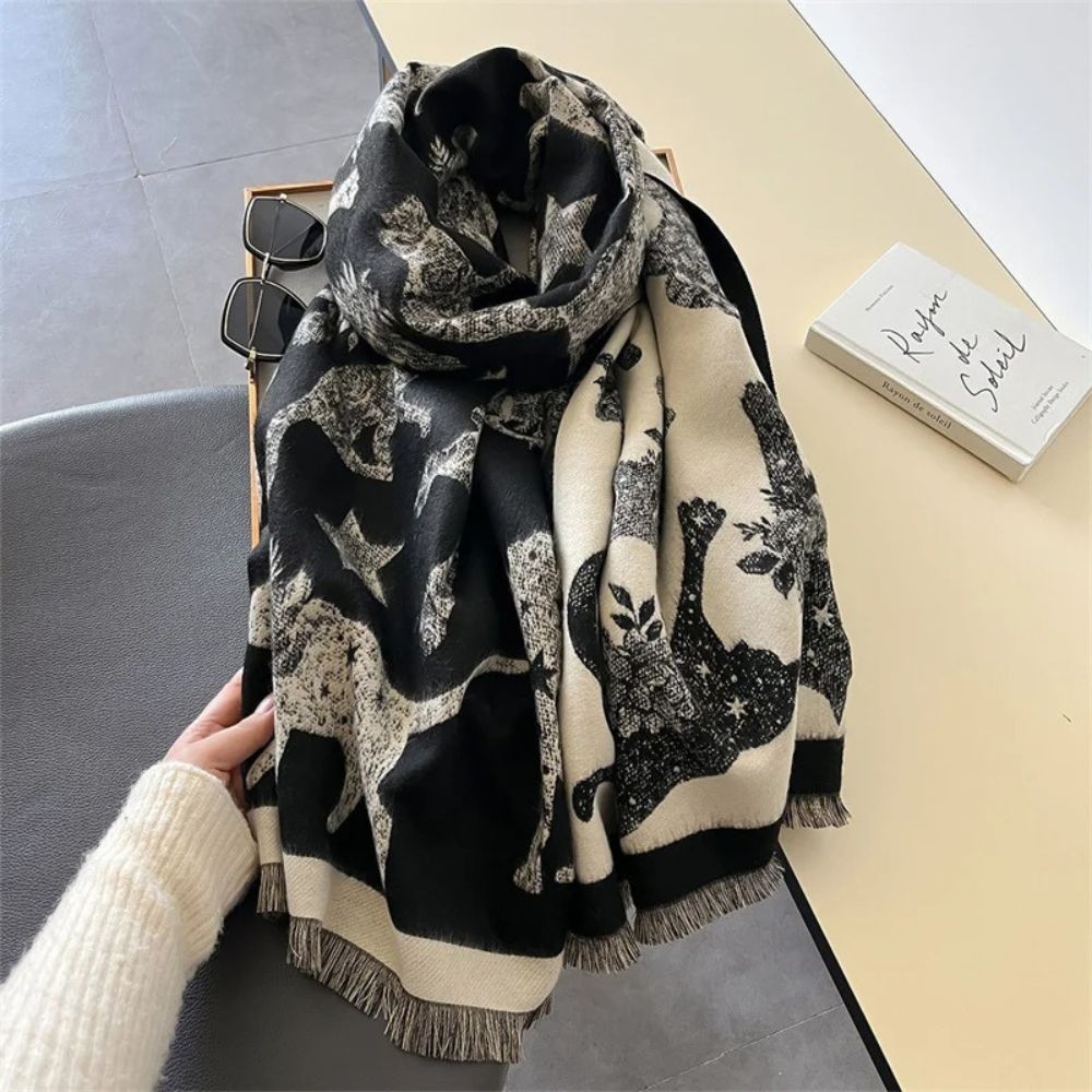 Tykt vintertørklæde med katteprint i vintagestil