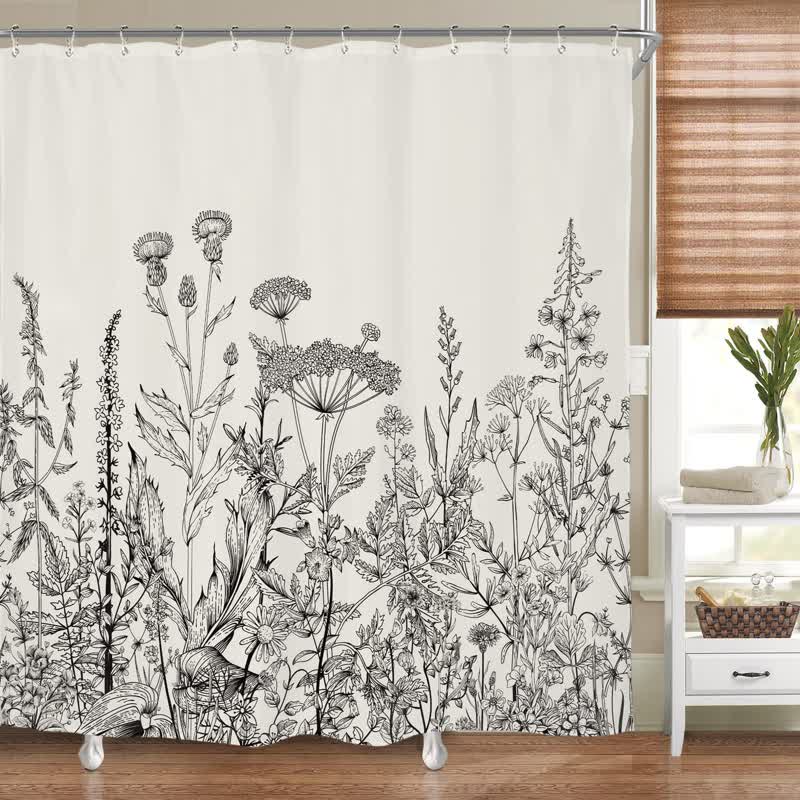 Vandtæt bruseforhæng med planter i pastoral stil på lyst badeværelse