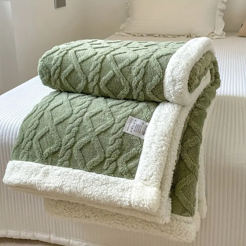 Vendbart sherpa tæppe i fleece over sofa